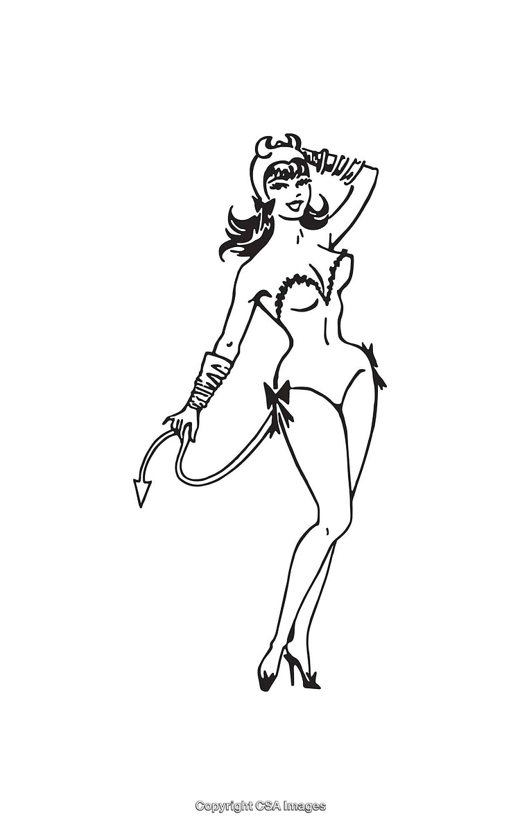 Retro Black and White Devil Woman Line Art Illustration