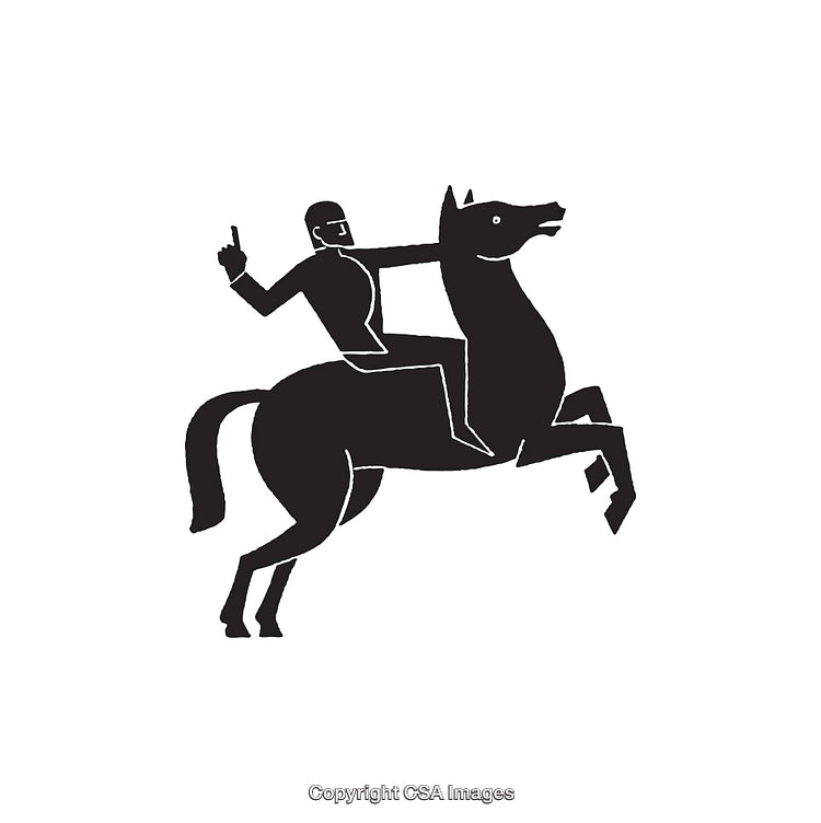 Stylized Illustration of Man Riding a Rearing Horse in Black and White