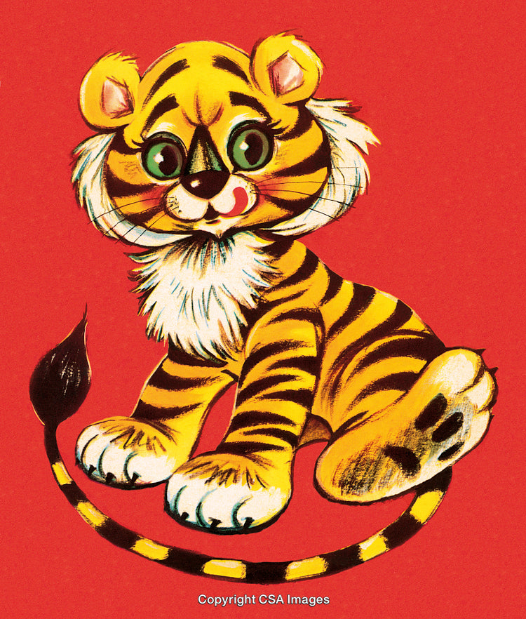 Cute Illustrated Cartoon Tiger Cub on a Red Background