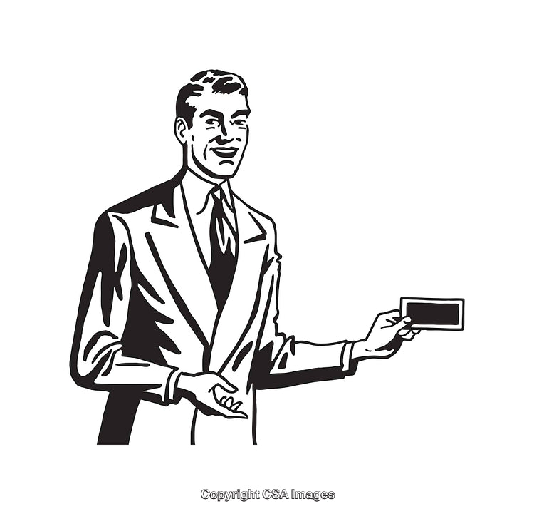 Black and White Illustration of a Smiling Man Holding a Business Card