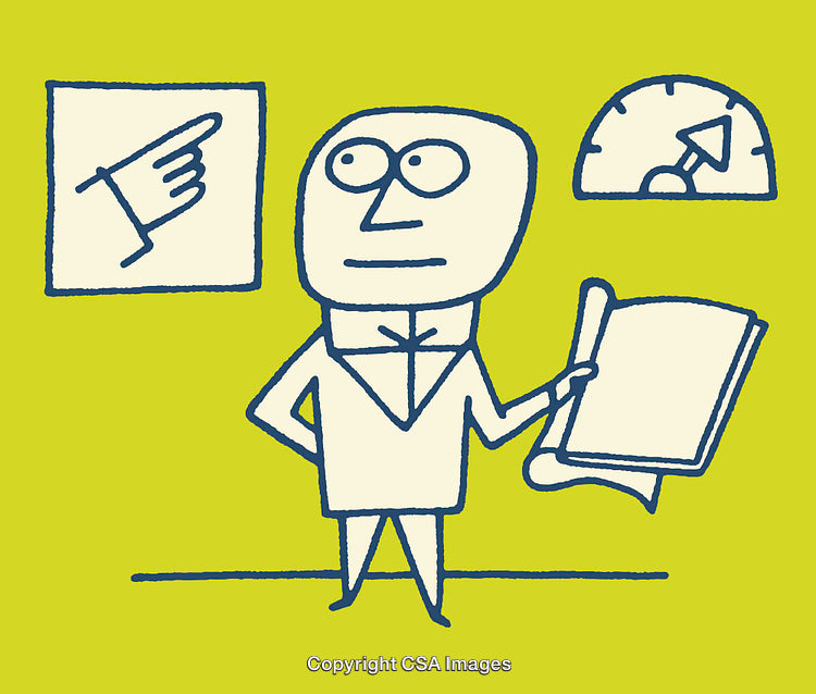 Cartoon Illustration of a Businessman Presenting with Chart Elements