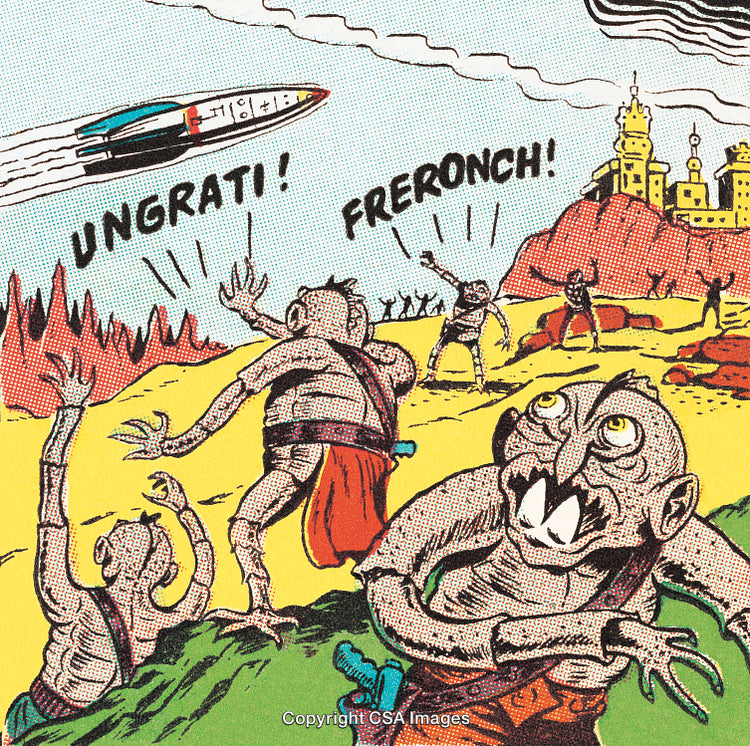 Colorful Alien Creatures Fleeing a Rocket in a Futuristic Comic Scene