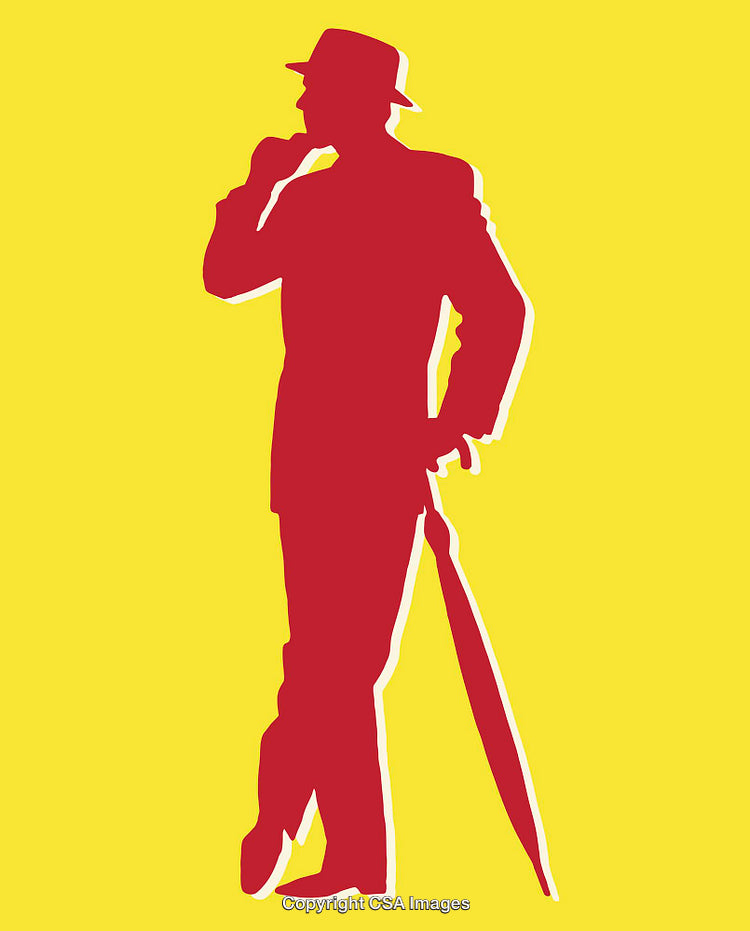 Silhouette of Elegant Figure in Hat With Umbrella, Yellow Background
