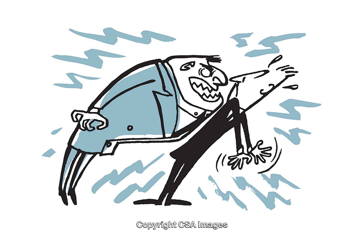 Cartoon Illustration of Thick Character Overpowering Thin Figure Expressing Conflict