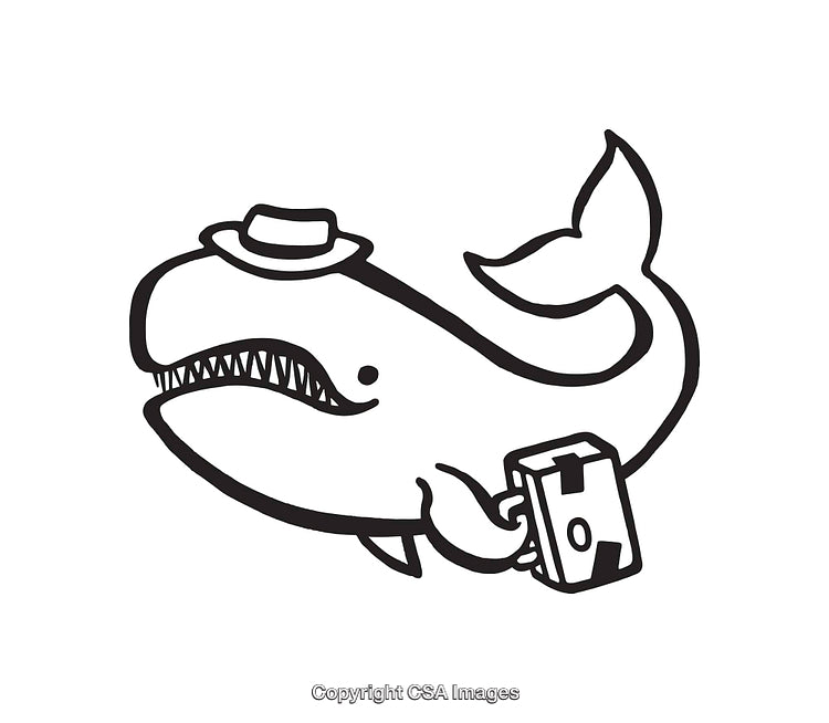 Funny Line Art Illustration of a Whale Carrying a Suitcase