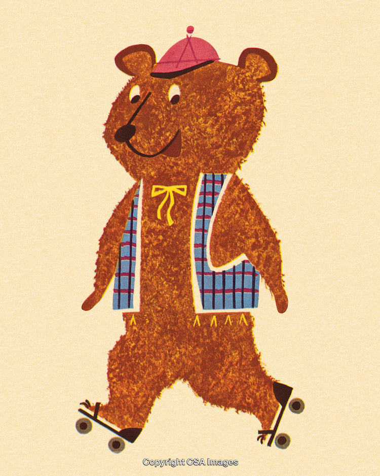 Illustration of a Cheerful Bear Roller Skating with a Plaid Vest and Hat