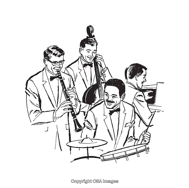 Black and White Line Art Illustration of a Jazz Band Performance