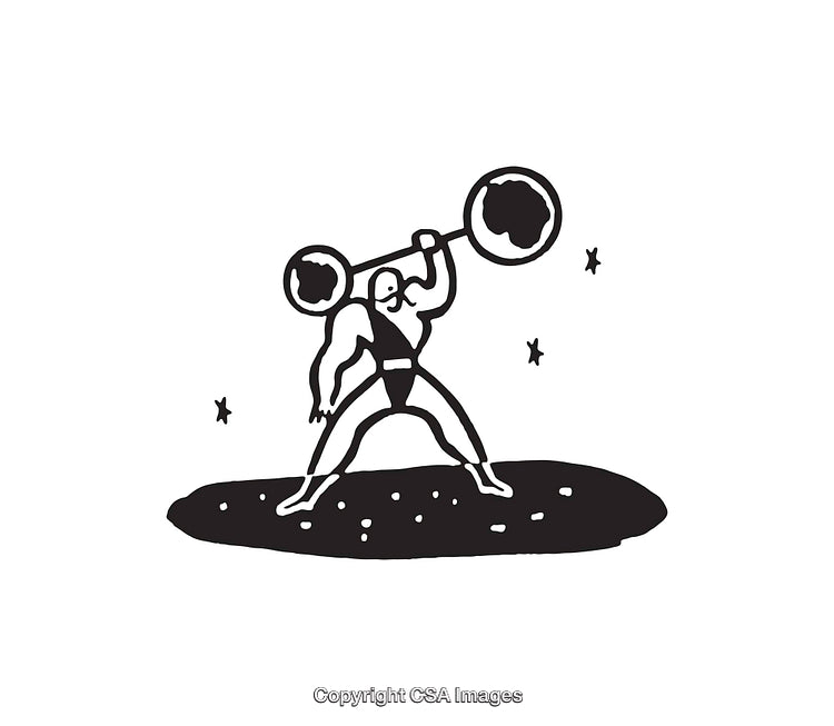 Black and White Illustration of a Strongman Lifting Weights with Stars