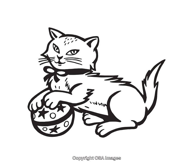 Black and White Cat Illustration Holding Decorative Ball