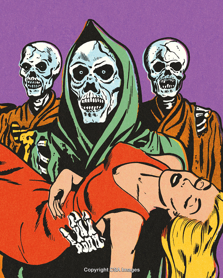 Comic Style Illustration of Skeleton Figures and Heroine in Dramatic Scene