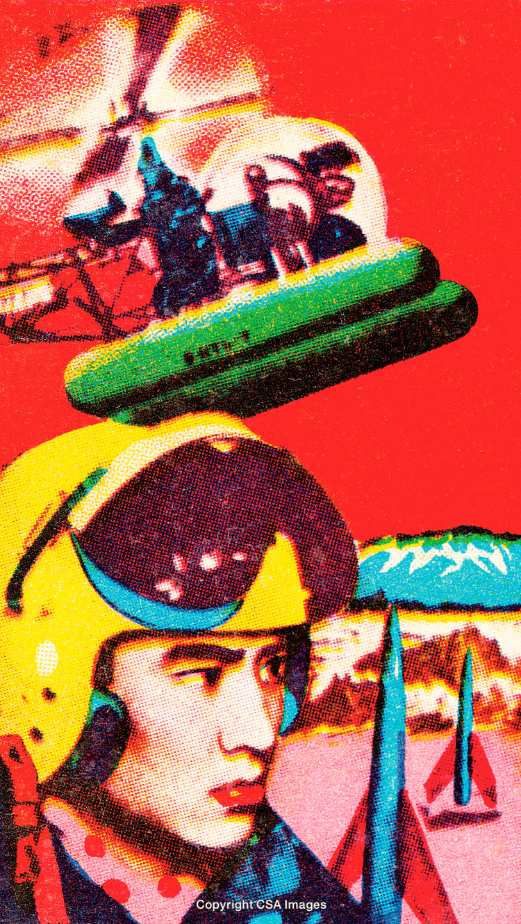 Retro Futuristic Illustration with Vibrant Colors and Sci-Fi Elements