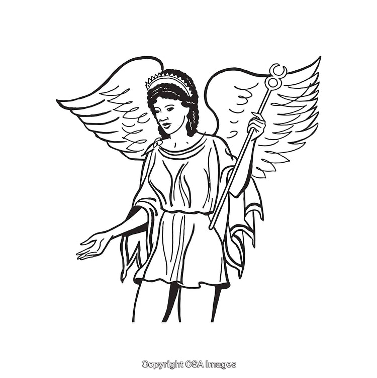Black and White Line Art Illustration of an Angelic Figure with Wings