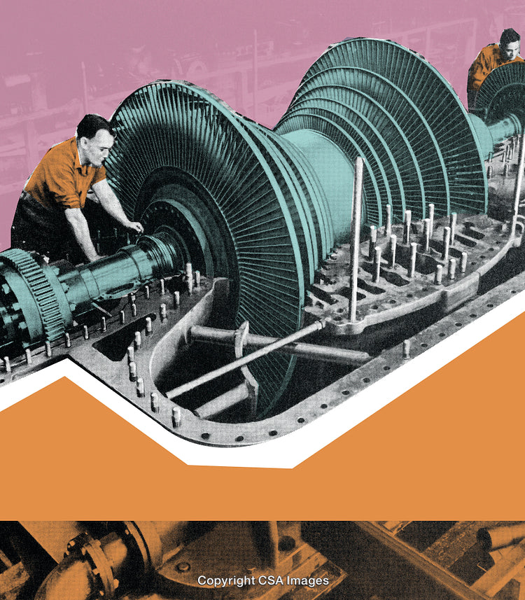 Industrial Turbine Maintenance with Stylized Vintage Overlay and Color Effects