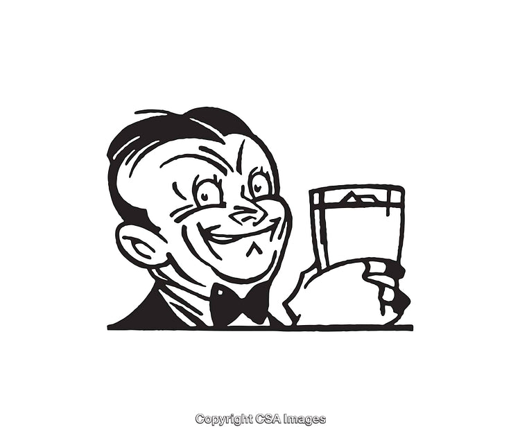 Vintage Style Black and White Illustration of a Smiling Man With Glass