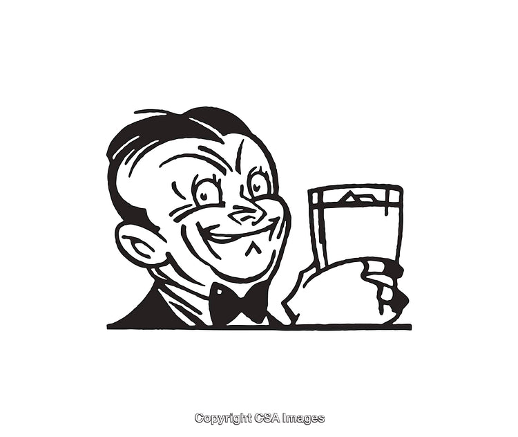 Vintage Style Black and White Illustration of a Smiling Man With Glass