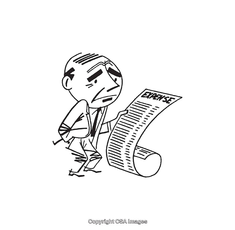 Worried Businessman Reviewing a Long Expense Report in Line Art Style