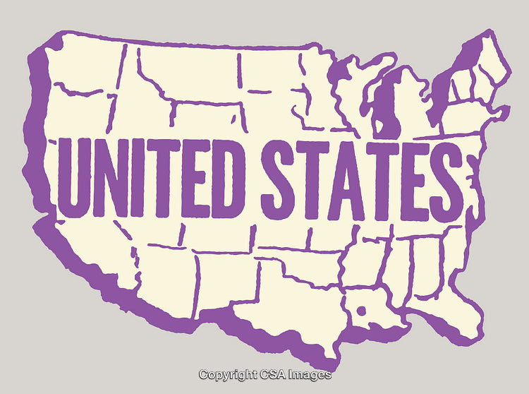 Purple United States Map Illustration with Bold Stylized Text Overlay