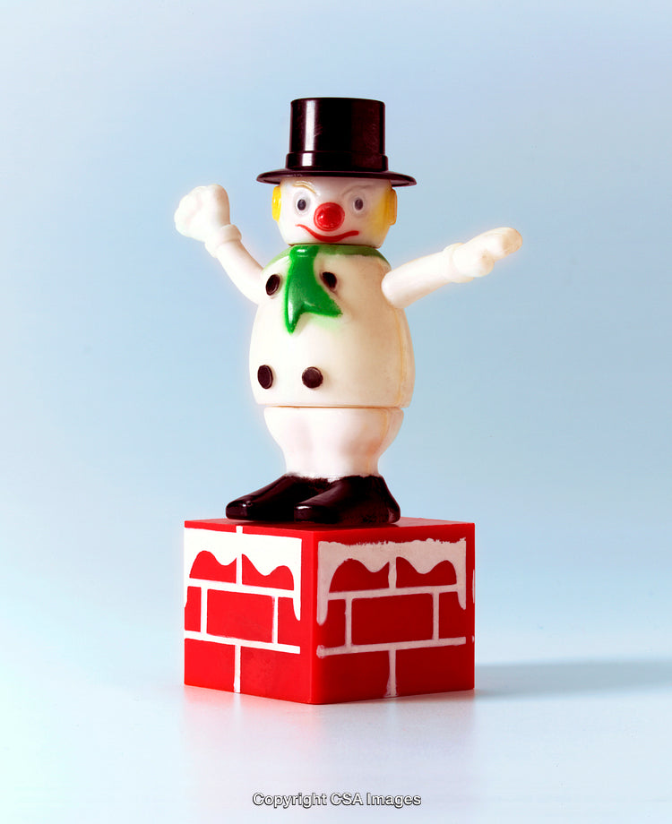 Festive Snowman Toy Standing on a Colorful Chimney Display