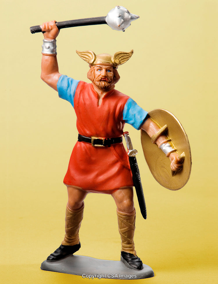 Toy Viking Warrior Figurine Holding Weapon and Shield in Heroic Pose
