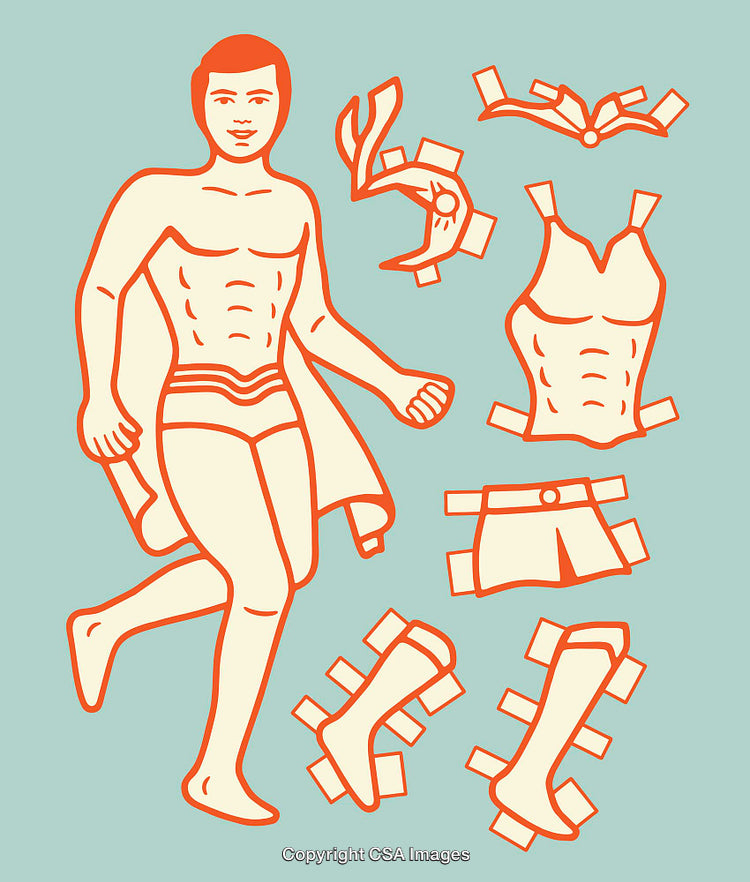 Colorful Line Art Illustration of a Paper Doll with Outfit Choices