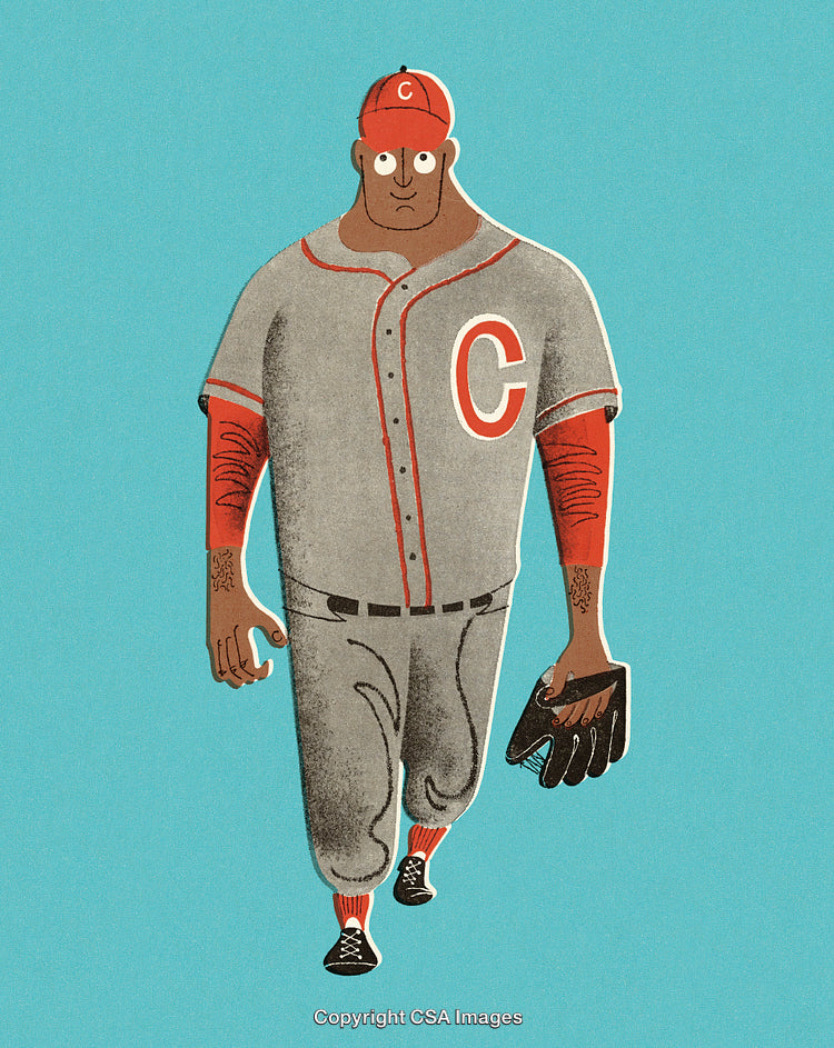 Illustration of a Baseball Player in Uniform with Glove on Blue Background
