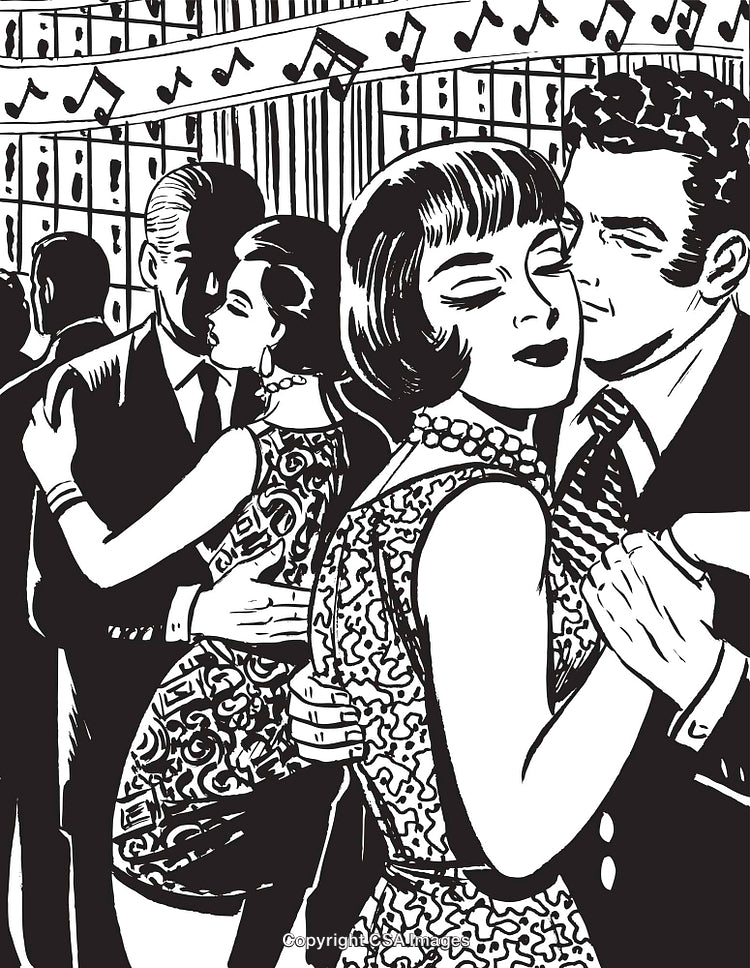 Elegant Black-And-White Dance Scene with Couples in Close Embrace