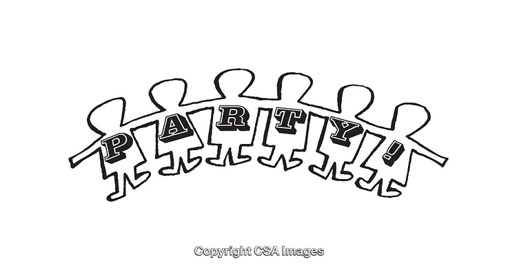 Line Art Illustration of Figures Holding Hands Forming the Word Party