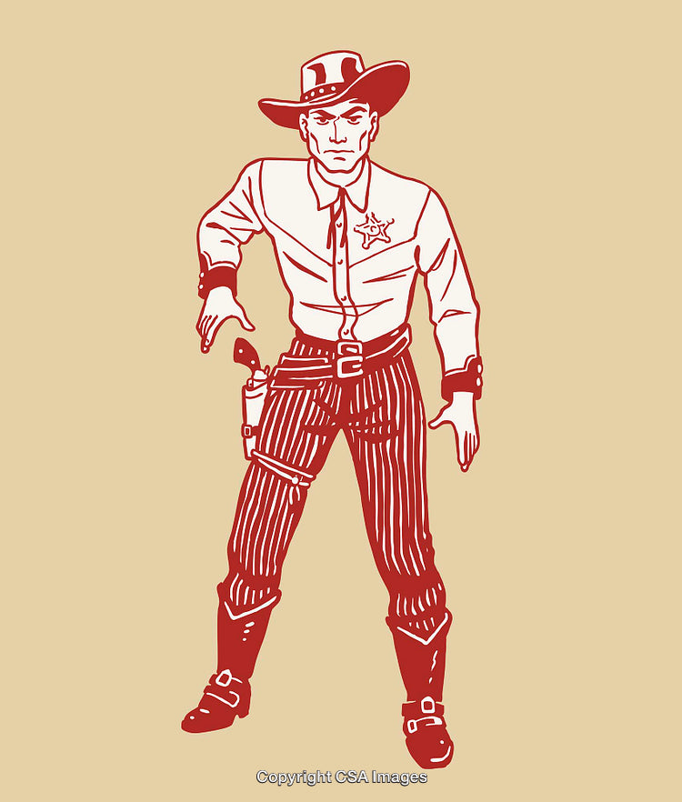 Vintage Line Art Illustration of a Cowboy Figure in Red Outline
