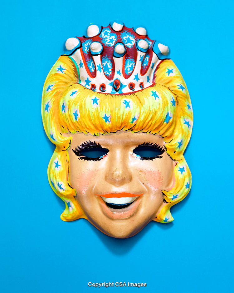 Colorful Plastic Queen Mask With Blue Patterned Background
