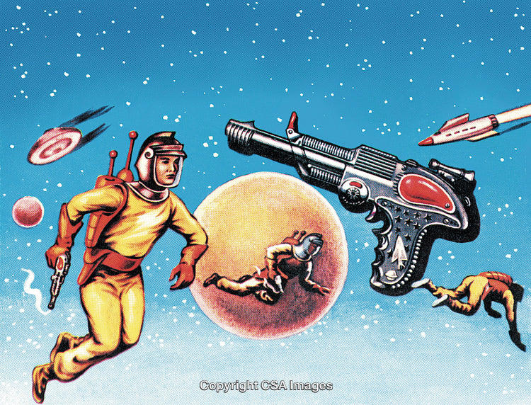 Retro Sci-Fi Illustration of Space Adventure With Astronauts and a Ray Gun