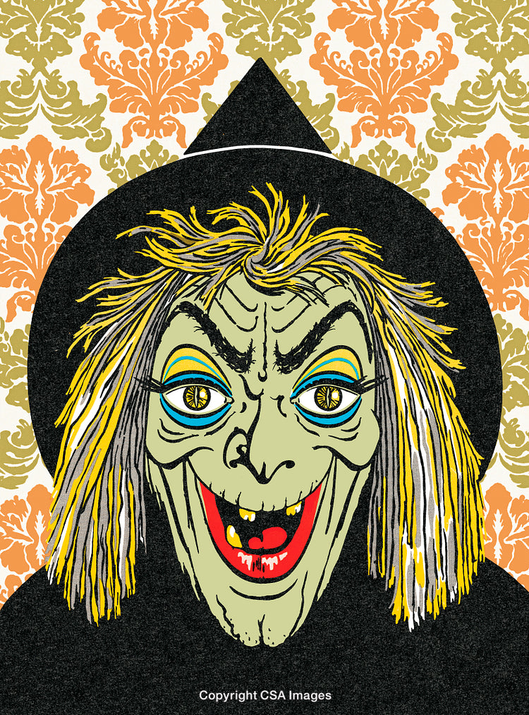 Colorful Illustration of a Witch Face with Vibrant and Intricate Background