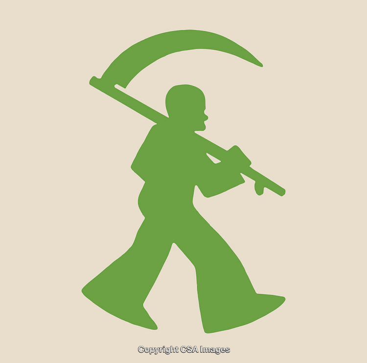 Green Silhouette of Person with Scythe in Minimalist Style