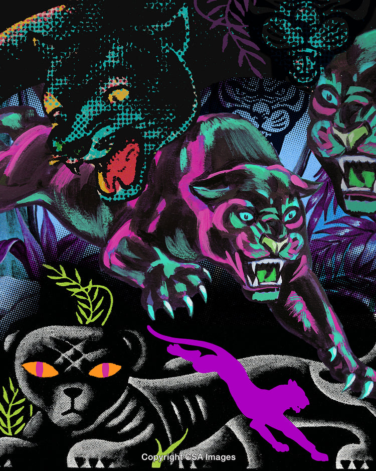 Colorful Illustration of Panthers in a Stylized and Dynamic Artistic Scene