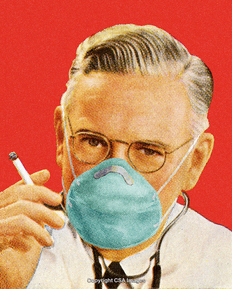 Retro Styled Doctor Wearing Mask and Holding Cigarette on Red Background