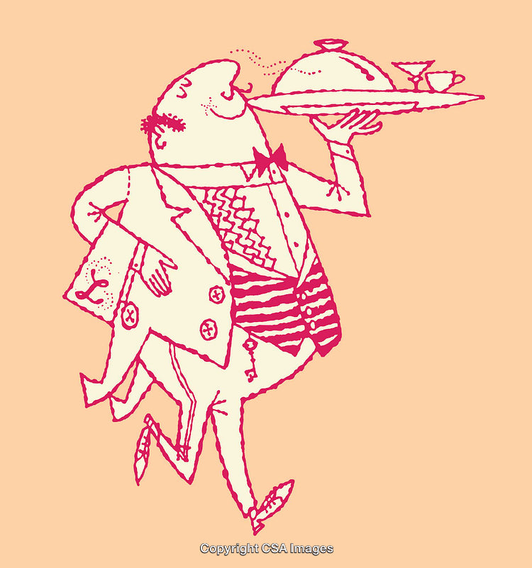 Vintage Line Art Illustration of a Waiter Carrying a Tray
