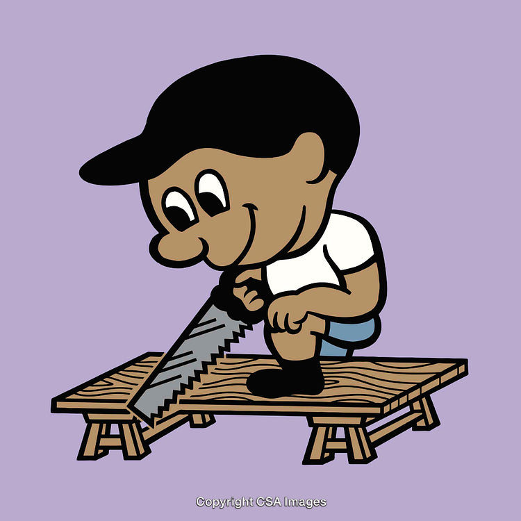 Cartoon Illustration of Worker Using Saw on Wooden Bench