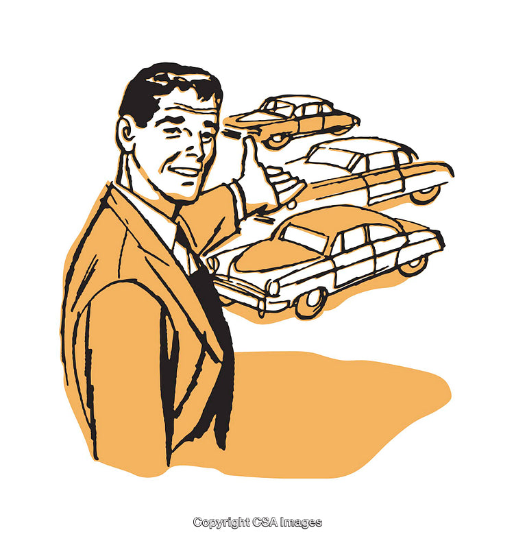 Retro Illustration of Man Selling Classic Cars in Pop Art Style