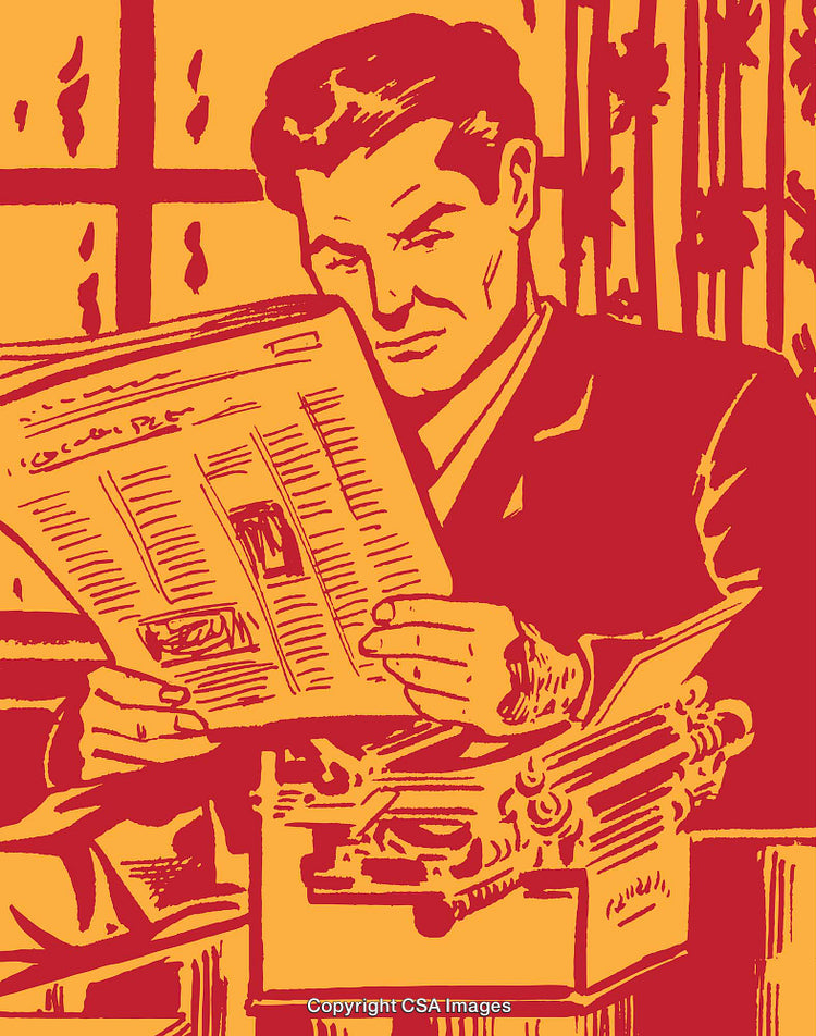 Vintage Style Illustration of a Man Reading a Newspaper at a Desk