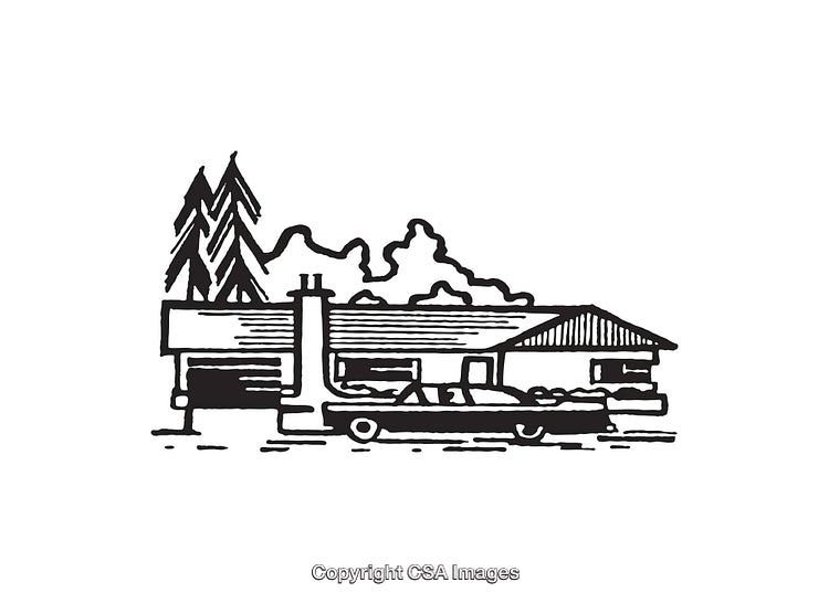 Hand Drawn Illustration of a Mid-Century Modern House With Trees