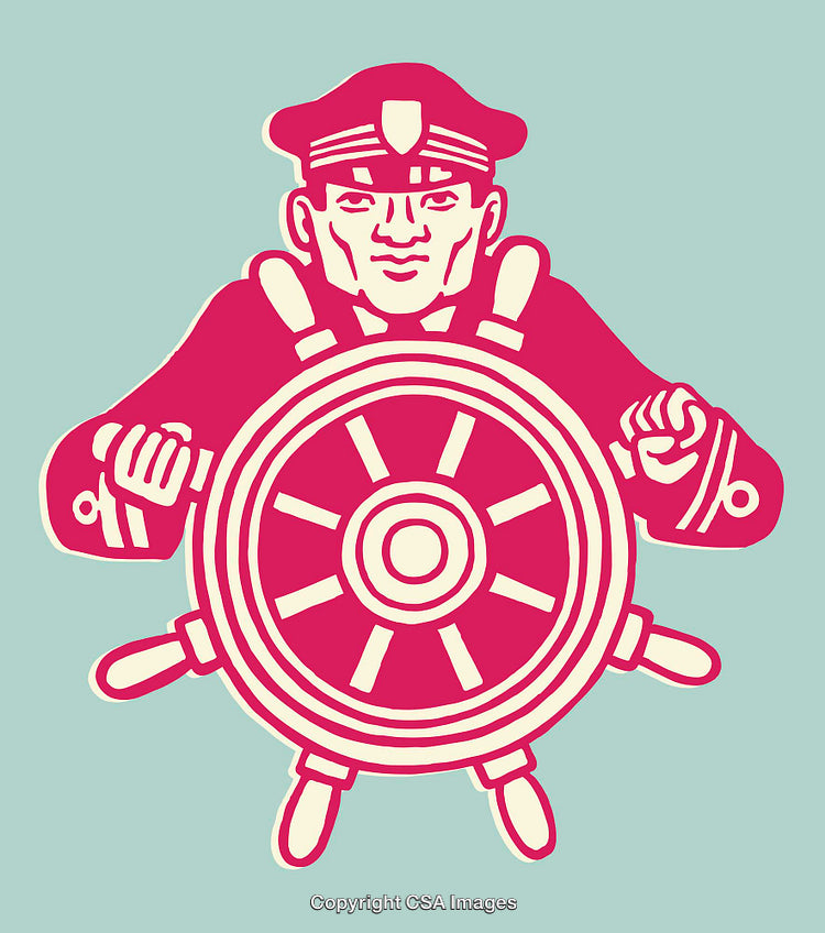 Captain Steering Ship Wheel in Vivid Color Line Art Design