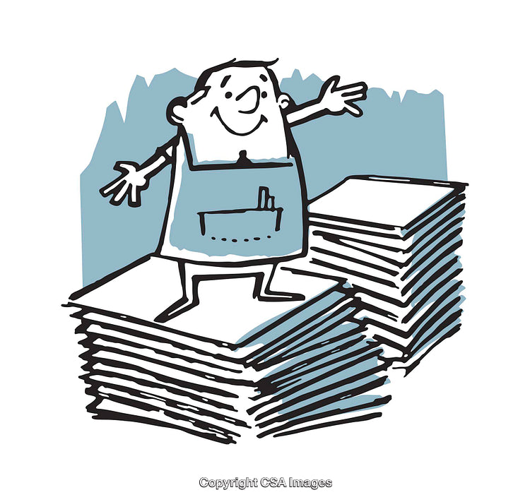 Cheerful Character Standing on Stacks of Papers in Cartoon Style