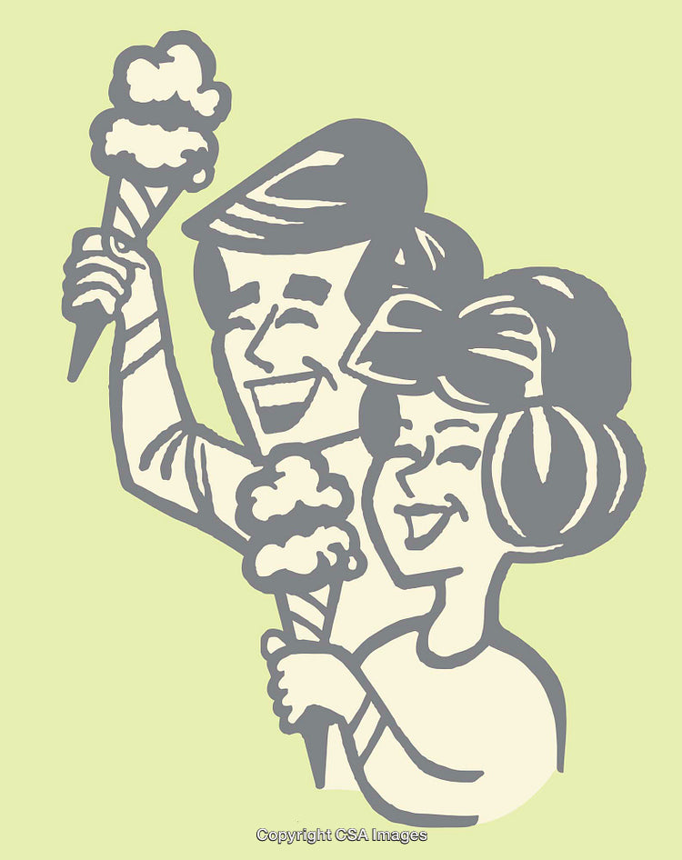 Retro Illustration of a Happy Couple Enjoying Ice Cream Cones