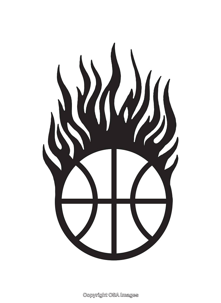 Black and White Flaming Basketball Line Art Illustration