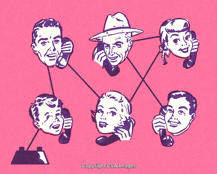 Retro Illustration of Connected People Communicating via Telephones