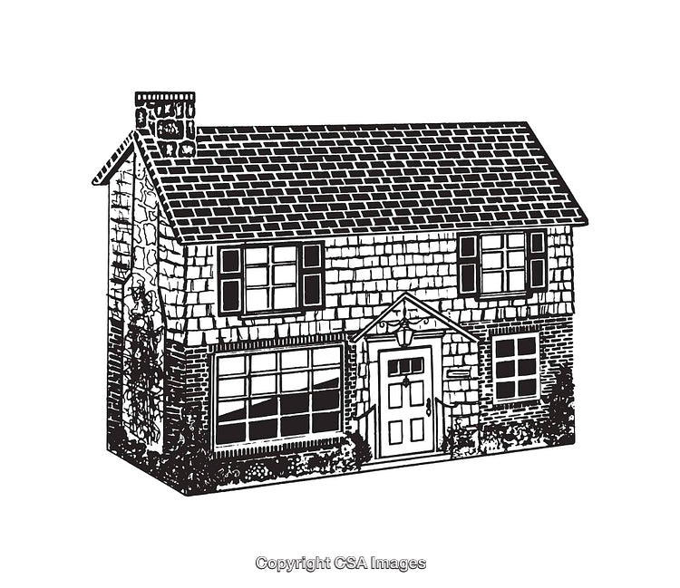 Detailed Black and White Line Art of a Retro Style House Illustration
