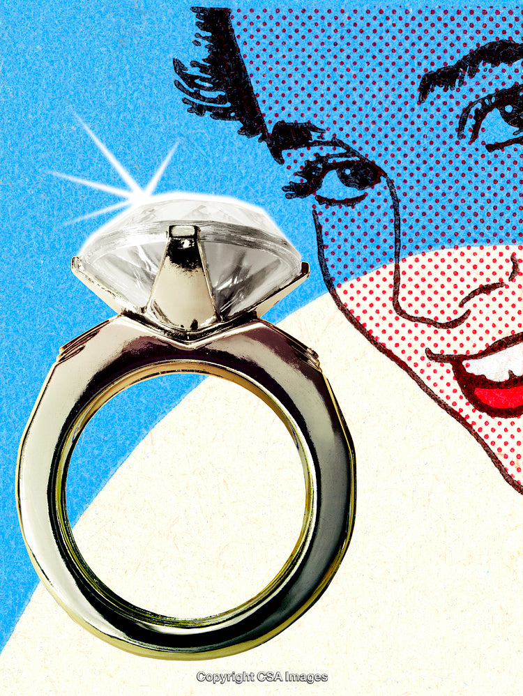 Gold Ring with Diamond in Pop Art Style with Retro Portrait