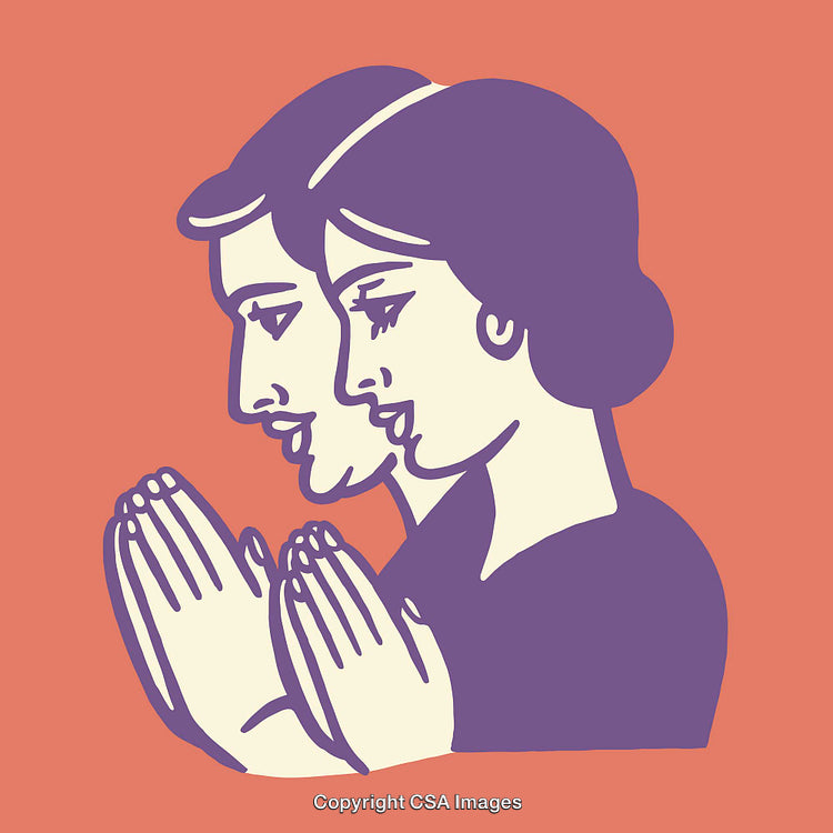 Illustration Depicting Two People Praying in Stylized Line Art