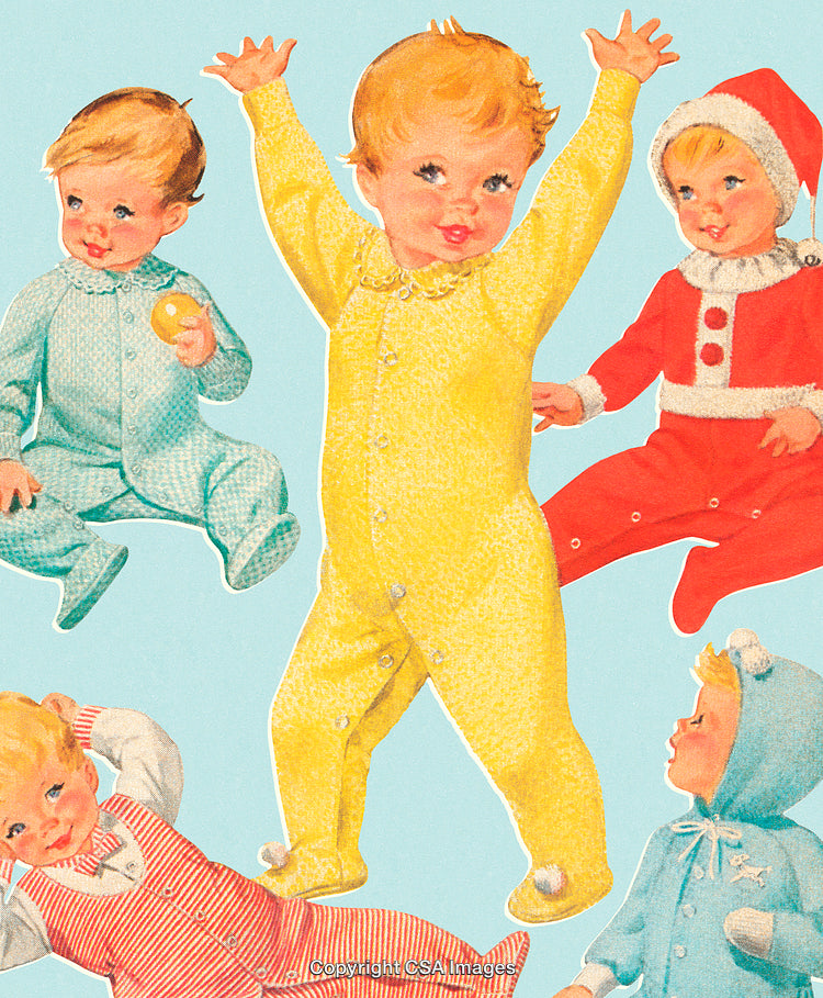 Retro Illustration of Babies in Colorful Outfits With a Cheerful Holiday Vibe