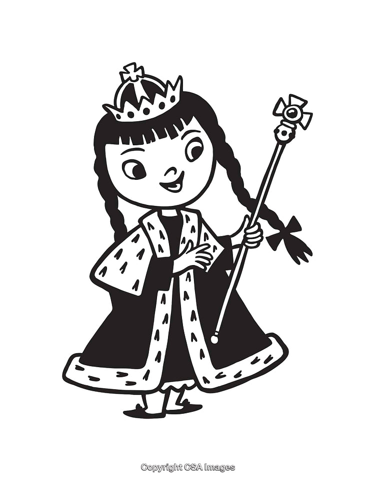 Black And White Illustration of a Young Princess Holding a Royal Scepter