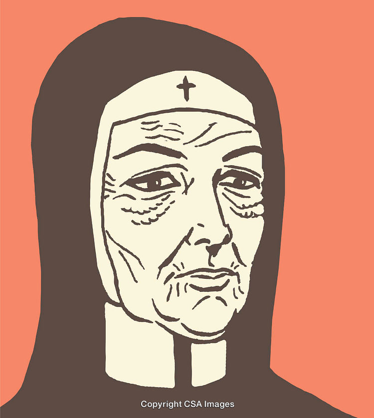 Stylized Illustration of a Nun in Traditional Habit on Coral Background